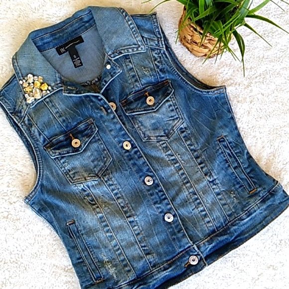 INC International Concepts Jackets & Blazers - INC distressed denim vest with jewel embellishments